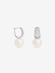 Jon Richard Silver Rhodium Plated Pearl And Pave Drop Hoop Earrings - Image 3 of 3