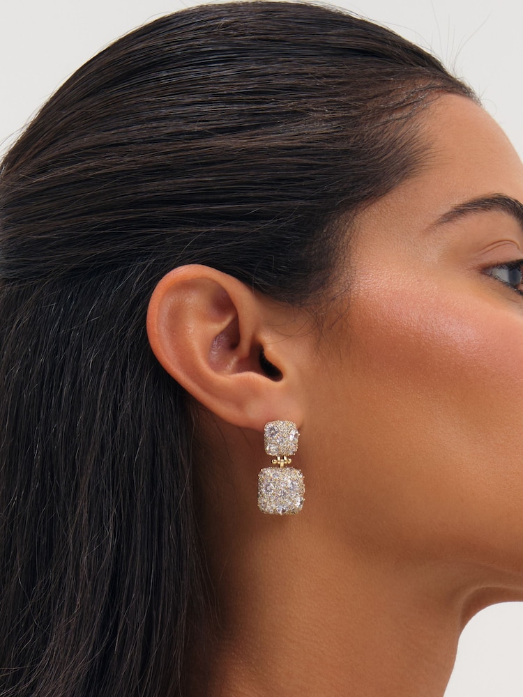 Jon Richard Gold Plated And Pave Square Double Drop Earrings - Image 1 of 3