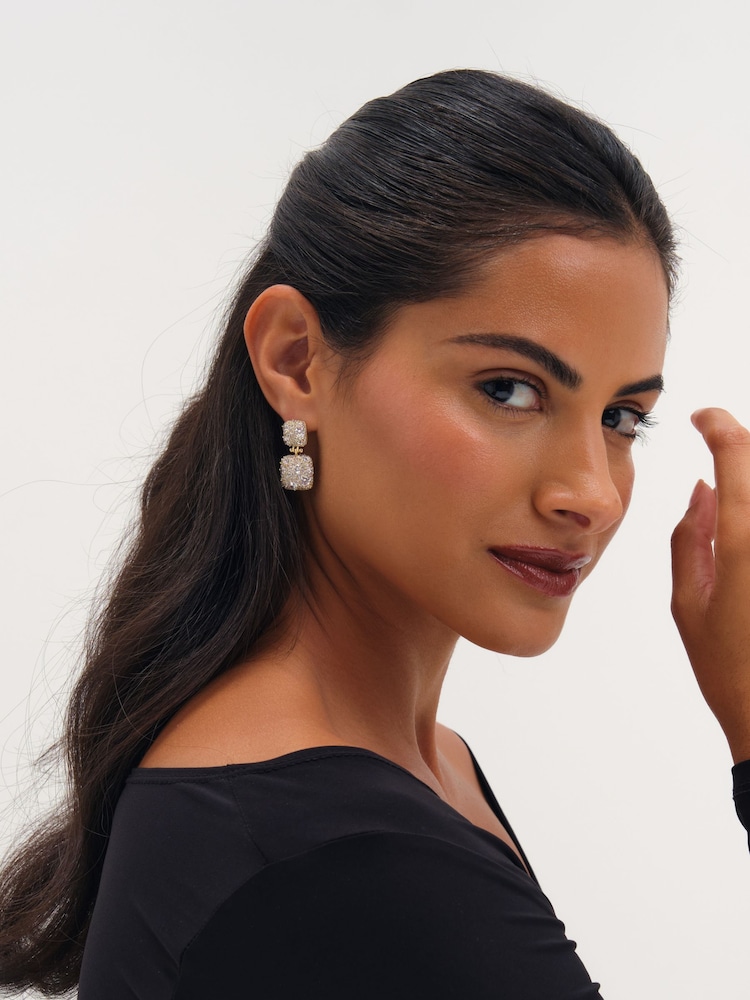 Jon Richard Gold Plated And Pave Square Double Drop Earrings - Image 2 of 3