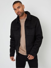 Threadbare Black Faux Suede Borg Lined Aviator Jacket - Image 1 of 5