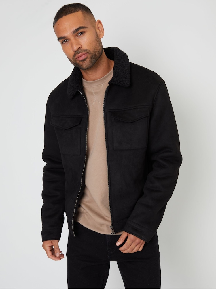 Threadbare Black Faux Suede Borg Lined Aviator Jacket - Image 1 of 5 Threadbare Black Faux Suede Borg Lined Aviator Jacket - Image 1 of 5