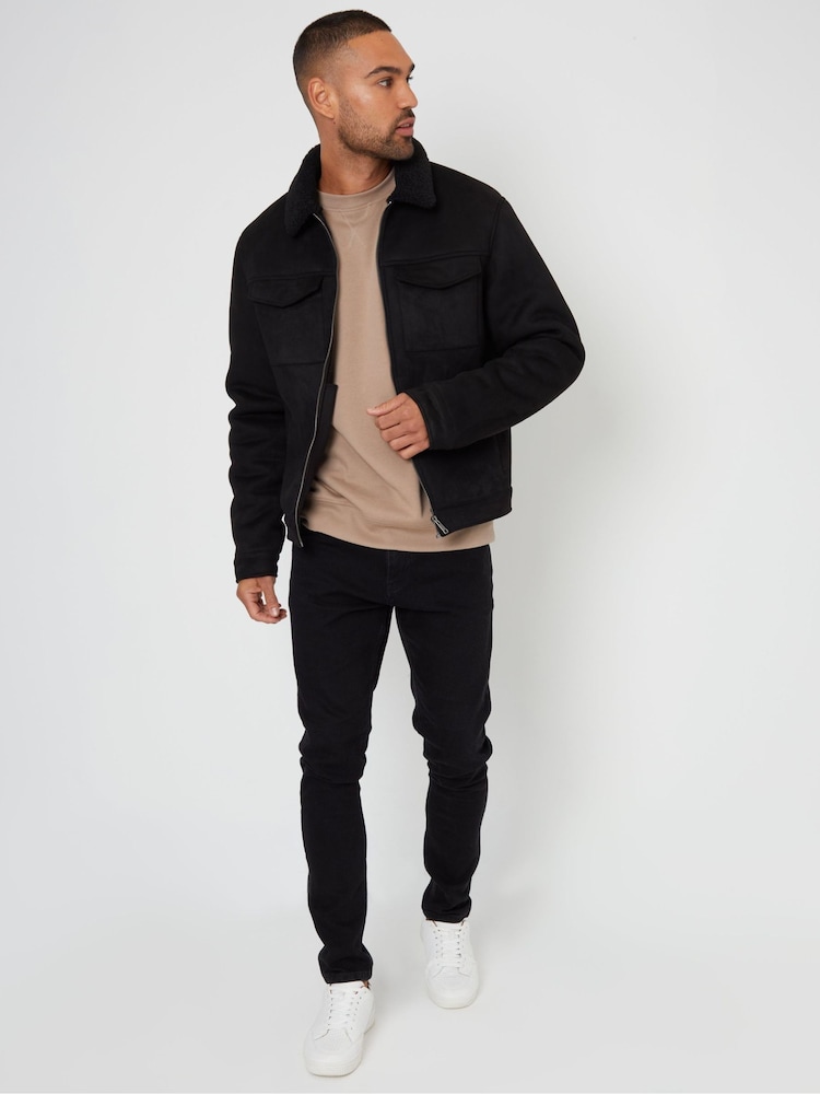 Threadbare Black Faux Suede Borg Lined Aviator Jacket - Image 2 of 5 Threadbare Black Faux Suede Borg Lined Aviator Jacket - Image 2 of 5