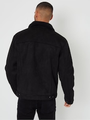 Threadbare Black Faux Suede Borg Lined Aviator Jacket - Image 3 of 5