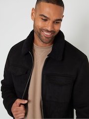Threadbare Black Faux Suede Borg Lined Aviator Jacket - Image 4 of 5