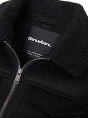 Threadbare Black Faux Suede Borg Lined Aviator Jacket - Image 5 of 5
