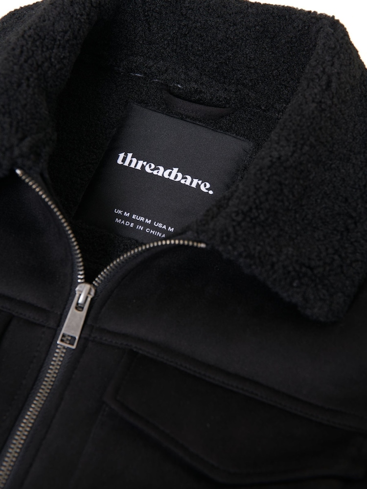 Threadbare Black Faux Suede Borg Lined Aviator Jacket - Image 5 of 5 Threadbare Black Faux Suede Borg Lined Aviator Jacket - Image 5 of 5