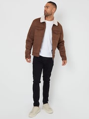 Threadbare Brown Faux Suede Borg Lined Aviator Jacket - Image 1 of 5