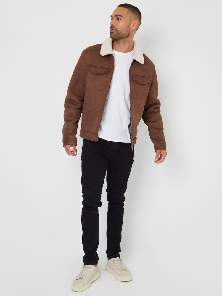 Threadbare Brown Faux Suede Borg Lined Aviator Jacket - Image 1 of 5 Threadbare Brown Faux Suede Borg Lined Aviator Jacket - Image 1 of 5