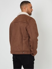 Threadbare Brown Faux Suede Borg Lined Aviator Jacket - Image 3 of 5