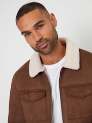 Threadbare Brown Faux Suede Borg Lined Aviator Jacket - Image 4 of 5