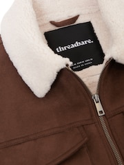 Threadbare Brown Faux Suede Borg Lined Aviator Jacket - Image 5 of 5