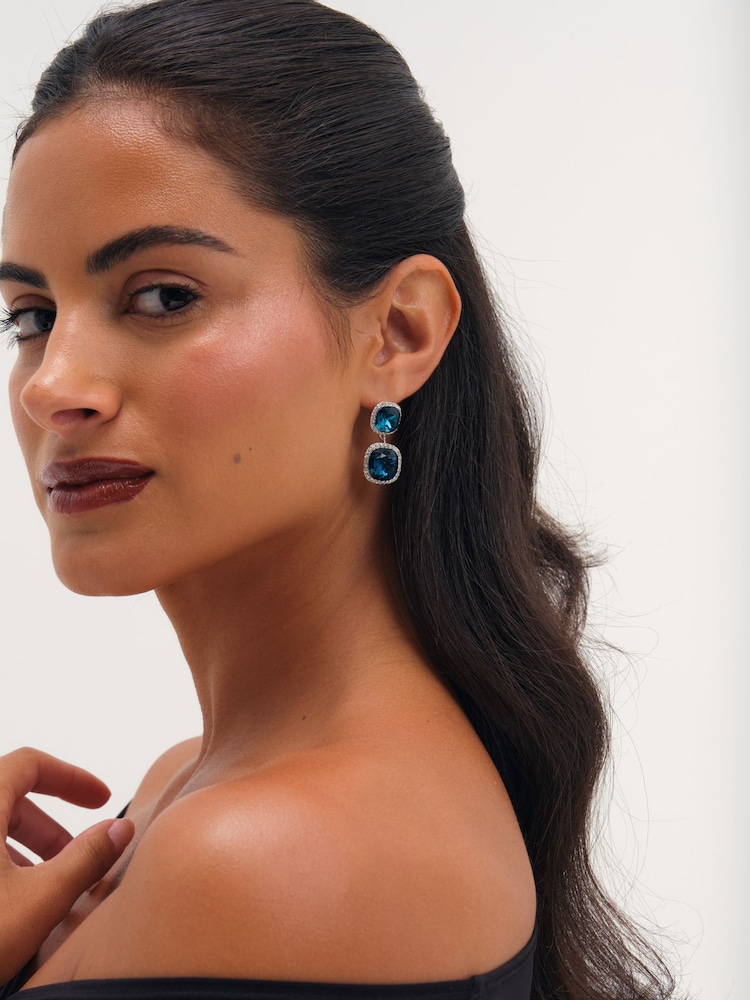 Jon Richard Rhodium Plated And Sapphire Double Drop Halo Earrings - Bild 2 von 3 Jon Richard Rhodium Plated And Sapphire Double Drop Halo Earrings - Bild 2 von 3