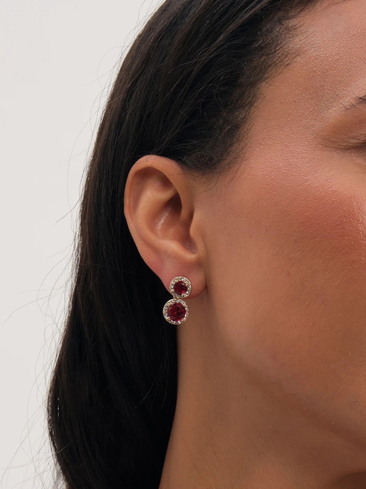 Jon Richard Gold Tone Ruby Red Stone Rhodium Plated Cubic Zirconia Double Halo Drop Earrings - Image 1 of 2 Jon Richard Gold Tone Ruby Red Stone Rhodium Plated Cubic Zirconia Double Halo Drop Earrings - Image 1 of 2