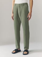 Vert kaki - Pantalons Blend de lin texturé à taille élastiquée - Image 1 de 10