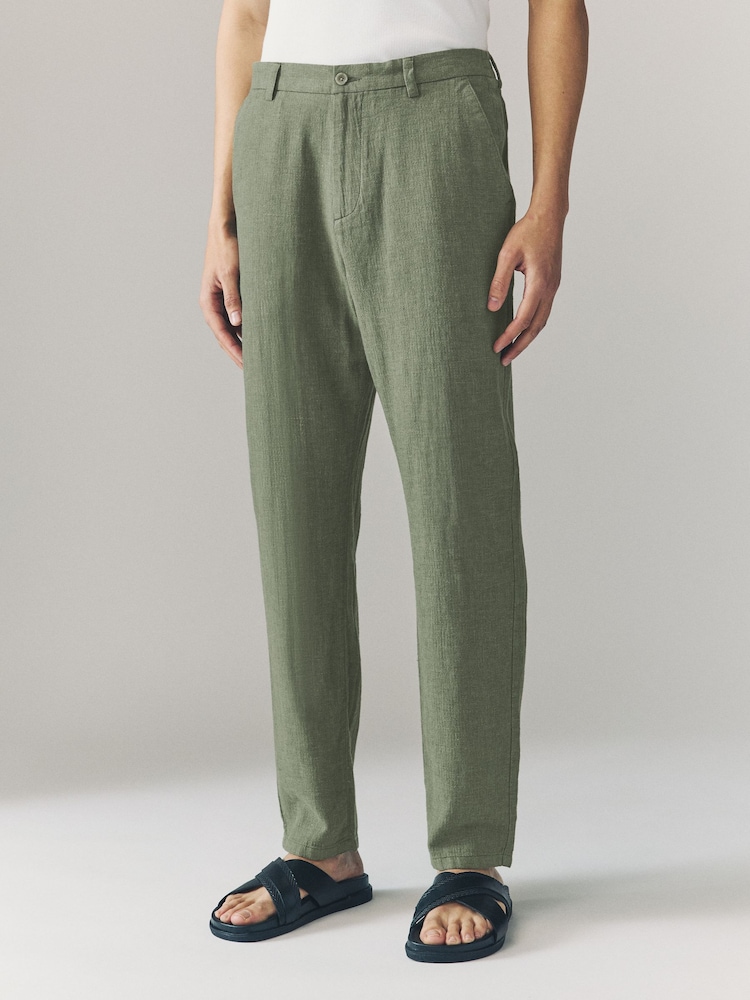 Vert kaki - Pantalons Blend de lin texturé à taille élastiquée - Image 1 of 10