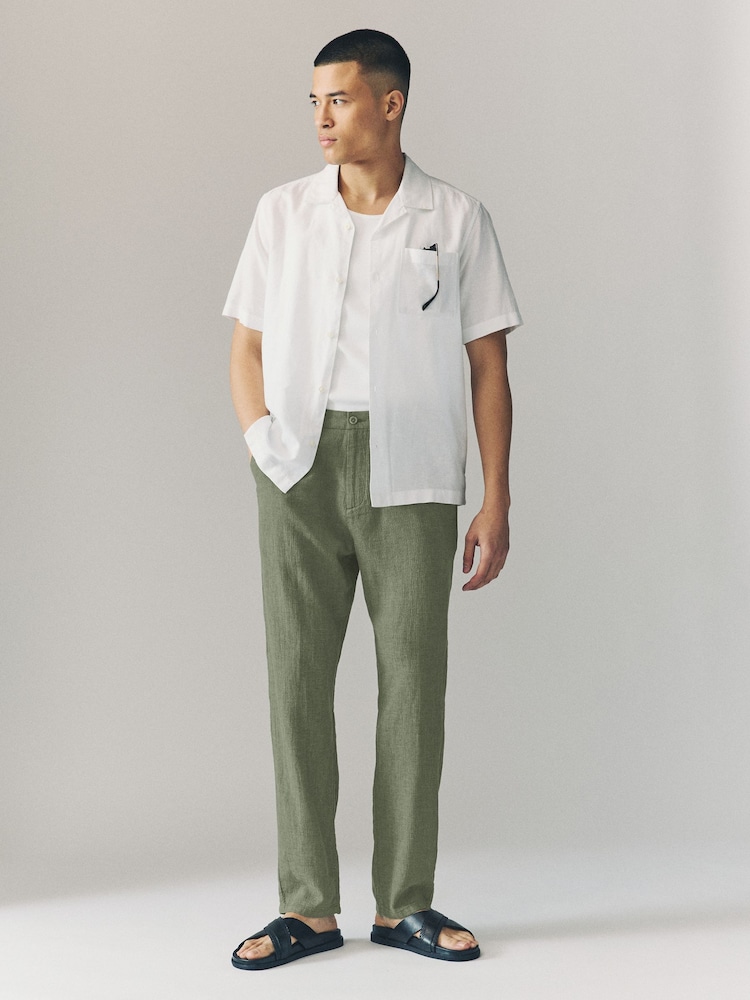 Vert kaki - Pantalons Blend de lin texturé à taille élastiquée - Image 2 of 10