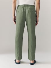 Vert kaki - Pantalons Blend de lin texturé à taille élastiquée - Image 3 de 10