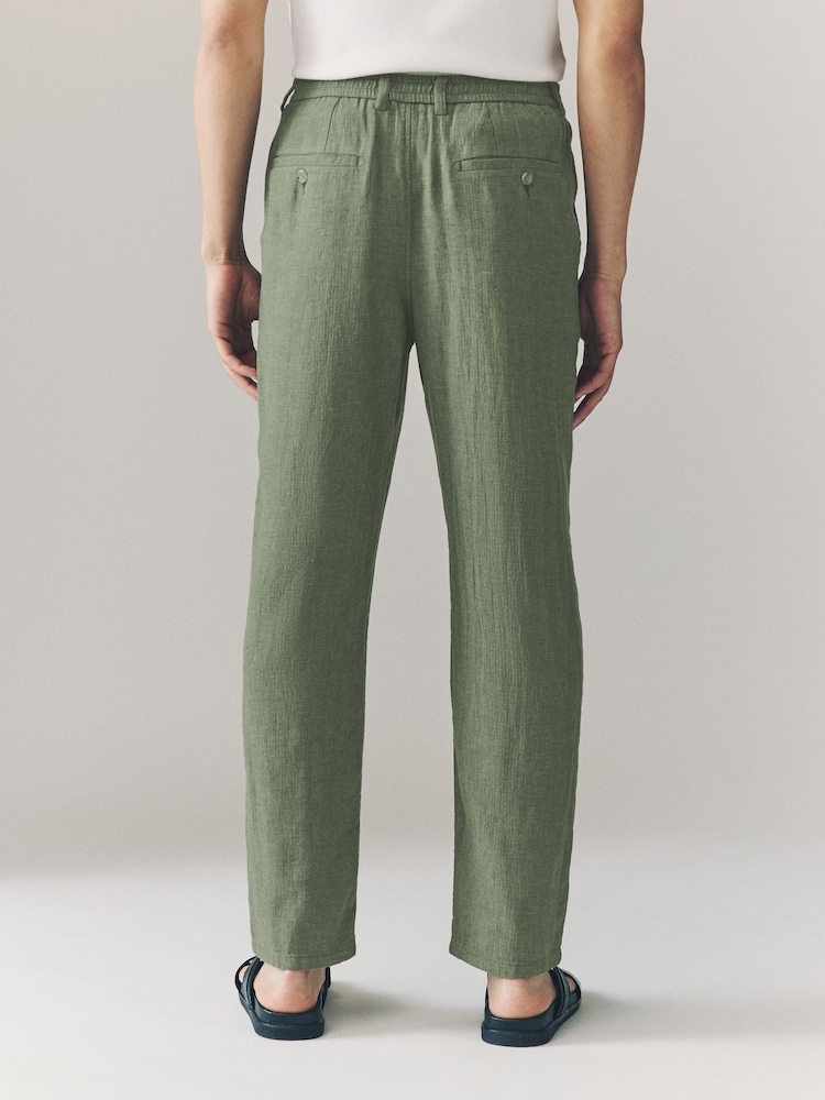 Vert kaki - Pantalons Blend de lin texturé à taille élastiquée - Image 3 of 10