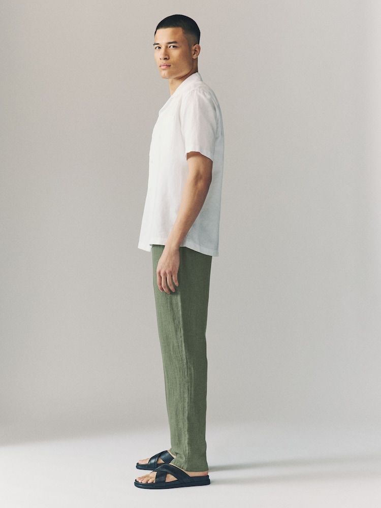 Vert kaki - Pantalons Blend de lin texturé à taille élastiquée - Image 4 of 10