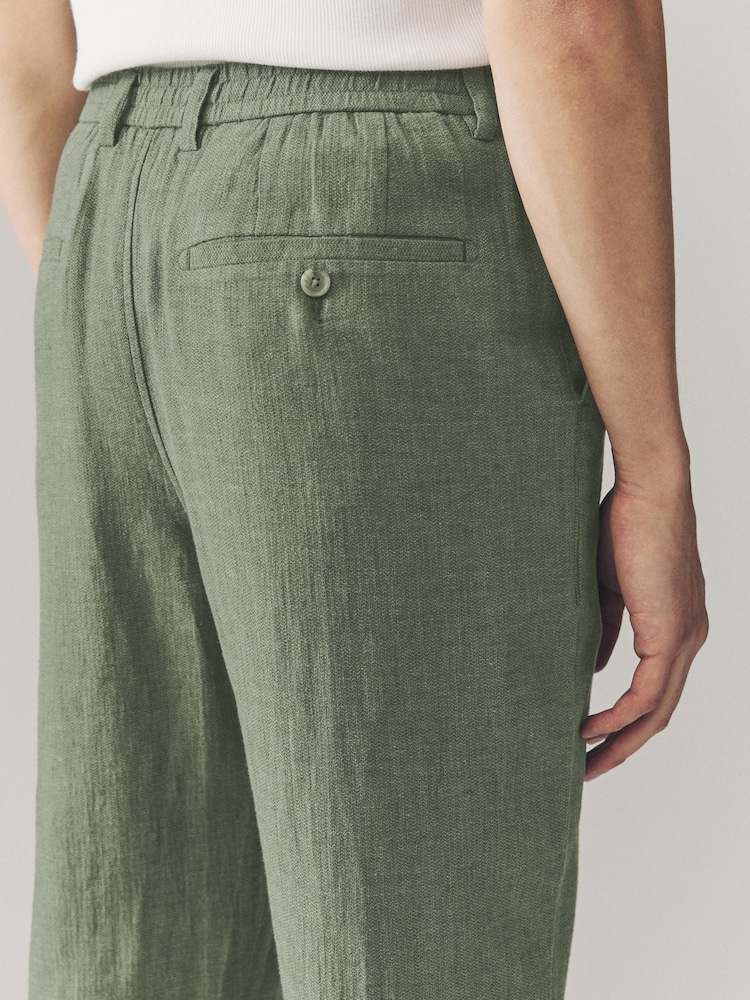 Vert kaki - Pantalons Blend de lin texturé à taille élastiquée - Image 6 of 10