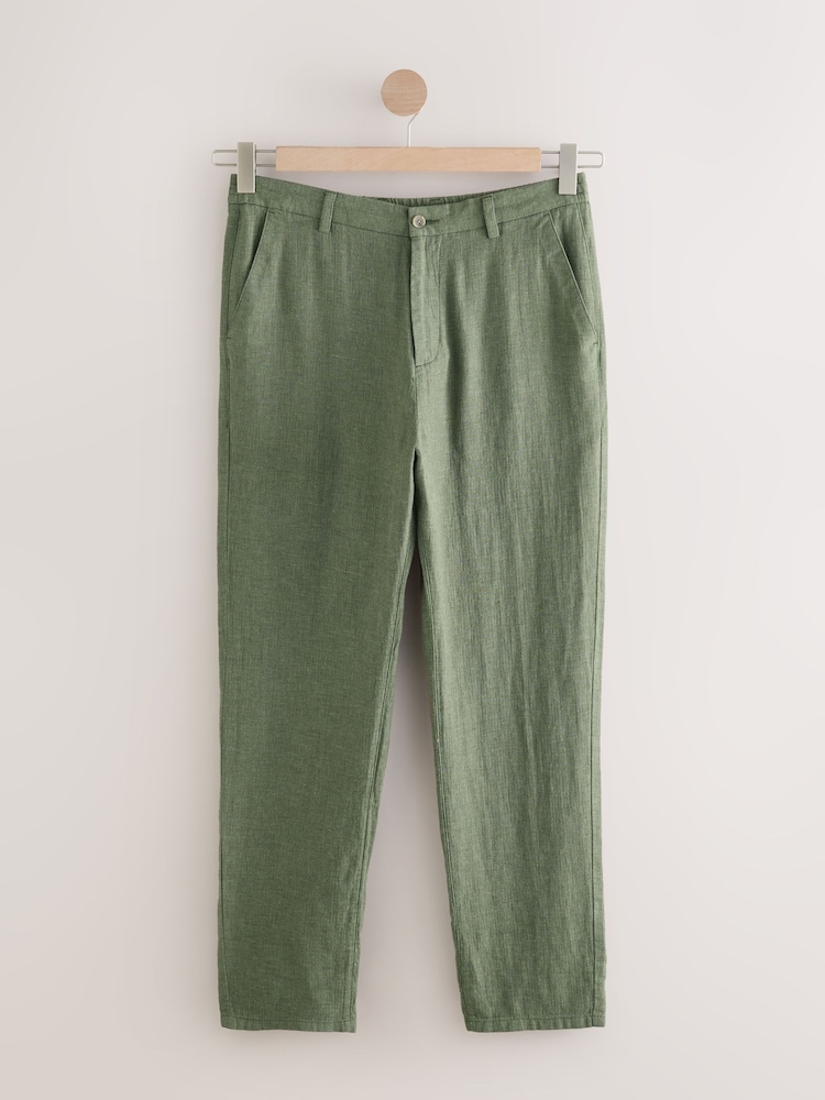 Vert kaki - Pantalons Blend de lin texturé à taille élastiquée - Image 7 of 10