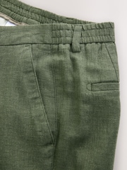 Vert kaki - Pantalons Blend de lin texturé à taille élastiquée - Image 9 de 10