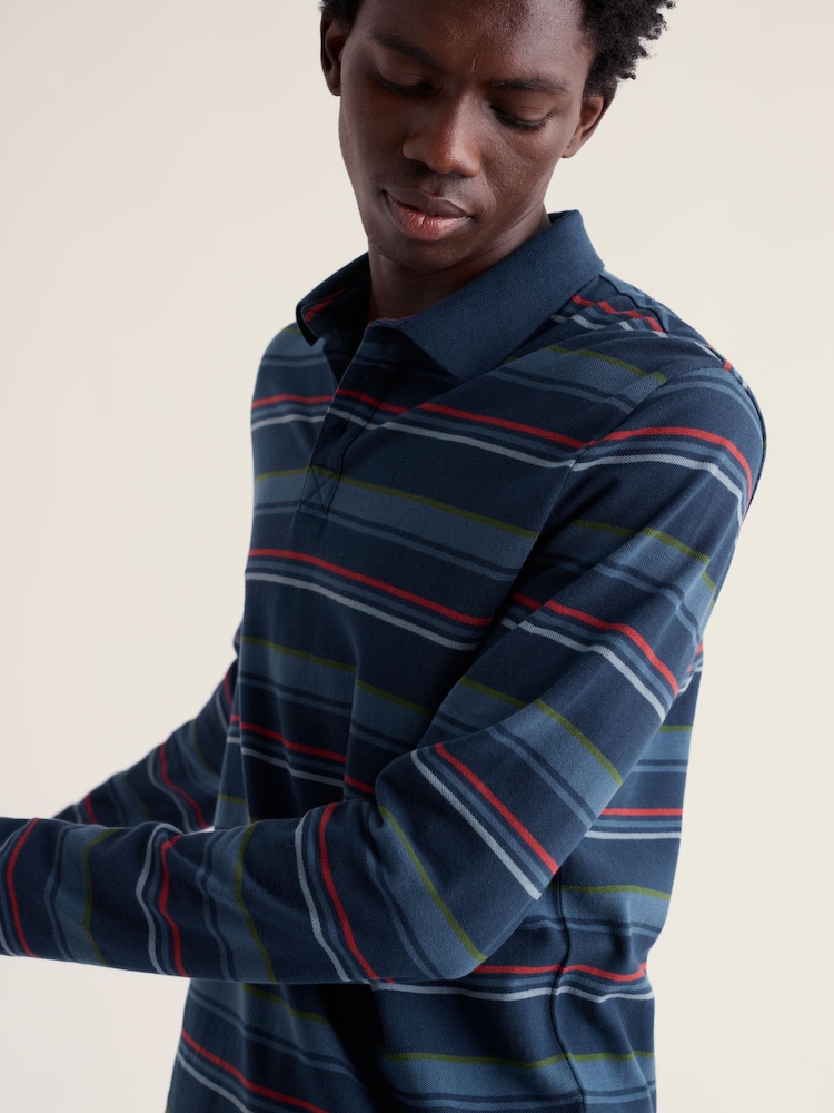 Seasalt Cornwall Blue Balefire Long Sleeve Stripe Polo Shirt - Image 1 of 2 Seasalt Cornwall Blue Balefire Long Sleeve Stripe Polo Shirt - Image 1 of 2