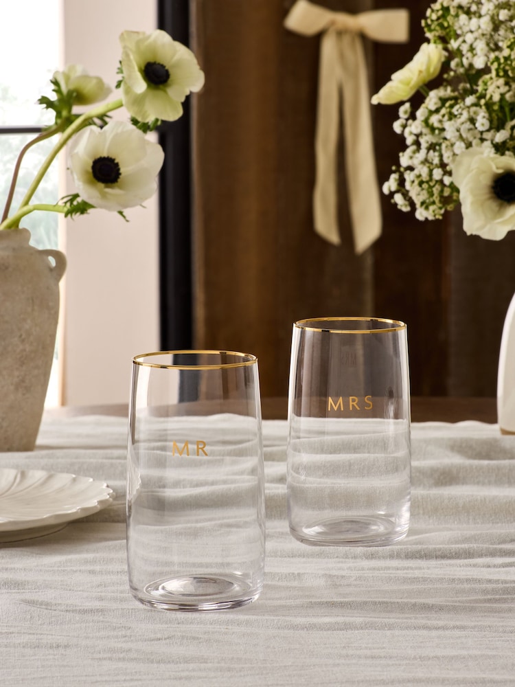 Set of 2 Clear Mr and Mrs Country Wedding Tumbler Glasses - Image 1 of 4