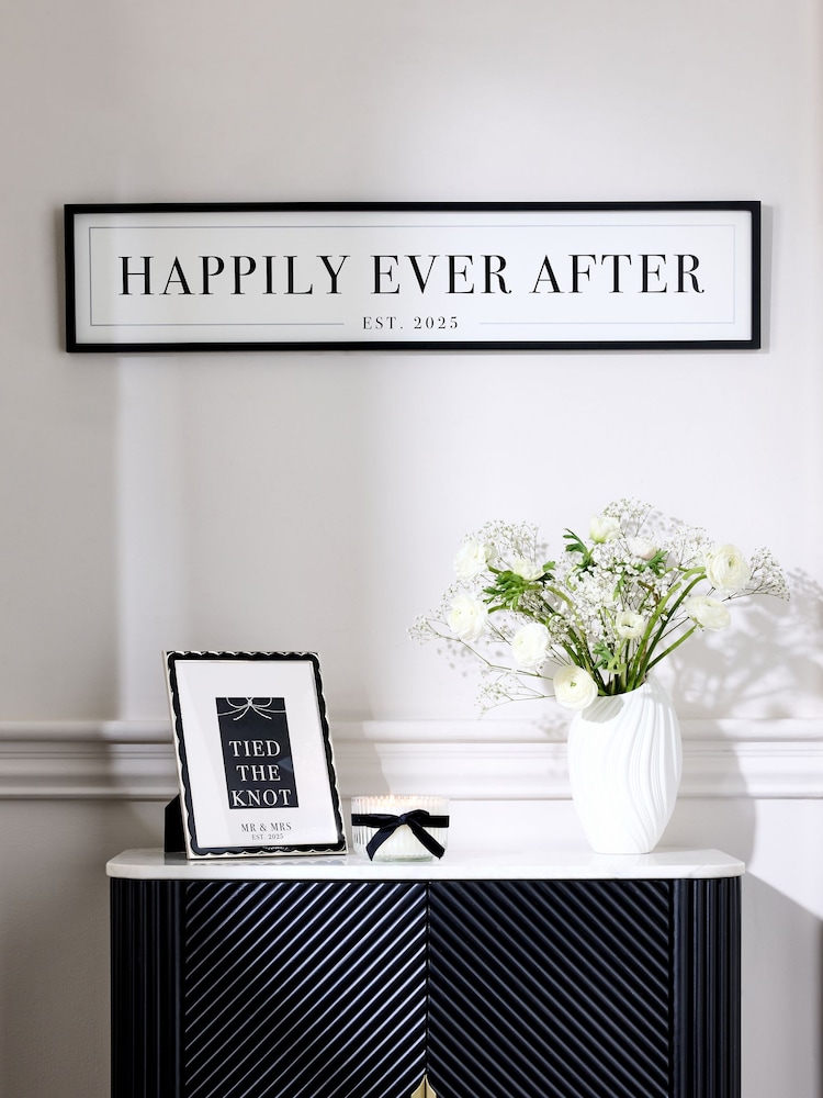 Black/White Est 2025 Happily Ever After Wedding Slogan Wall Art - Image 1 of 6