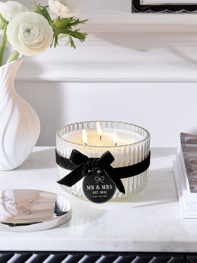 Black/White Mr and Mrs Est 2025 Wedding Pure Linen 3 Wick Scented Candle - Image 1 of 4
