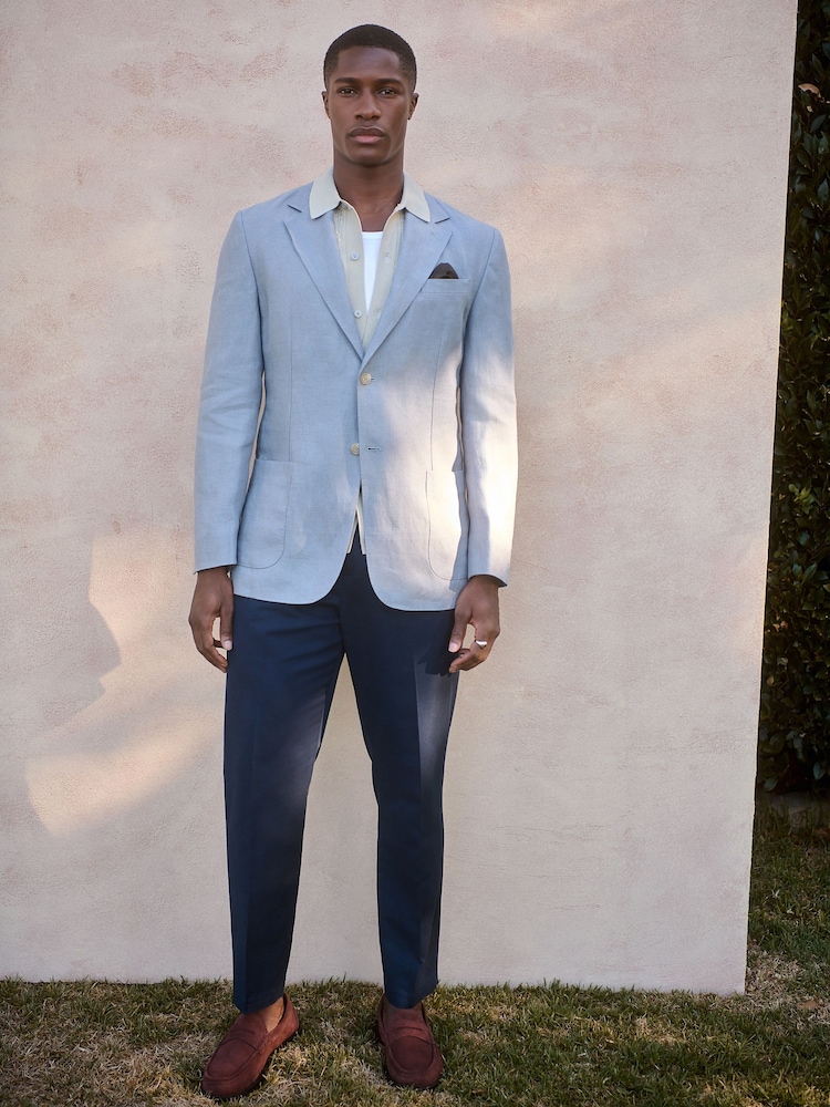 Blue Regular Fit Signature 100% Linen Textured Blazer - Image 3 of 5