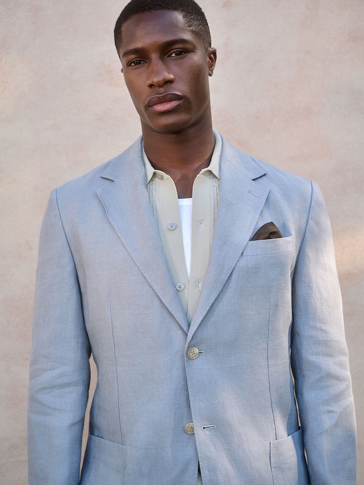 Blue Regular Fit Signature 100% Linen Textured Blazer - Image 4 of 5