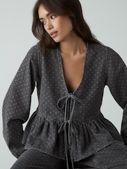Black Polkadot 100% Cotton Tie Front Smock Blouse - Image 1 of 7