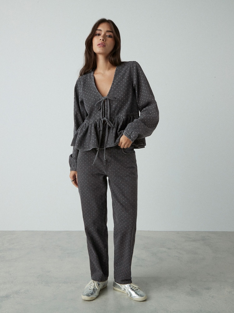 Black Polkadot 100% Cotton Tie Front Smock Blouse - Image 2 of 7
