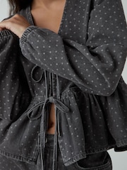 Black Polkadot 100% Cotton Tie Front Smock Blouse - Image 4 of 7