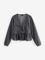 Black Polkadot 100% Cotton Tie Front Smock Blouse - Image 5 of 7