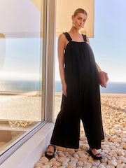 Black Ruffle Strap Wide Leg 100% Cotton Jumpsuit - Image 2 of 7
