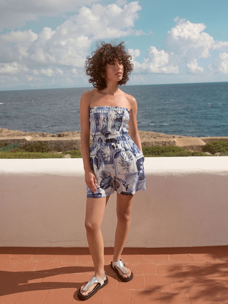 Blue Bandeau Shirred Playsuit - Image 1 of 8