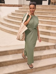 Khaki Green 100% Cotton Twist Short Sleeved T-Shirt Summer Dress - Image 1 of 6