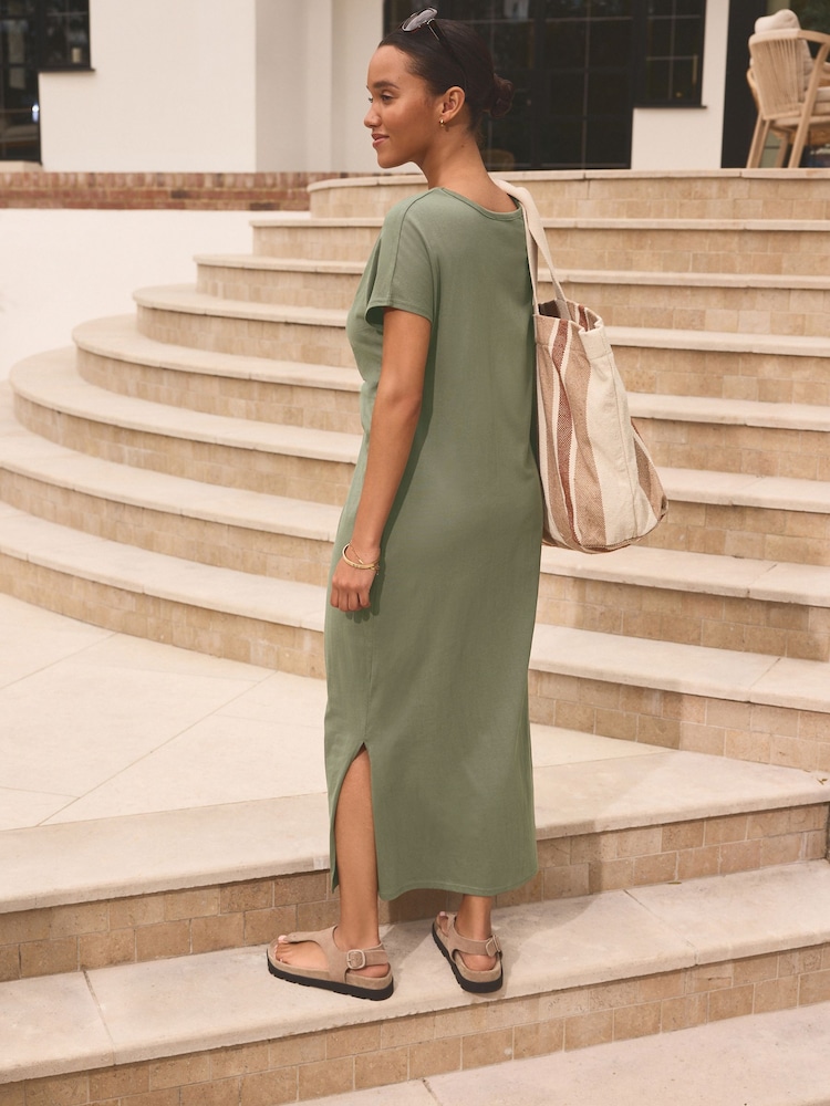 Khaki Green 100% Cotton Twist Short Sleeved T-Shirt Summer Dress - Image 2 of 6