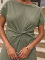 Khaki Green 100% Cotton Twist Short Sleeved T-Shirt Summer Dress - Image 3 of 6