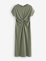 Khaki Green 100% Cotton Twist Short Sleeved T-Shirt Summer Dress - Image 5 of 6