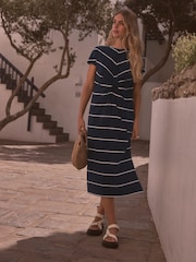 Navy Blue/White Stripe Twist Short Sleeved T-Shirt Summer Dress - Image 1 of 6