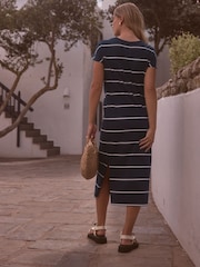 Navy Blue/White Stripe Twist Short Sleeved T-Shirt Summer Dress - Image 2 of 6
