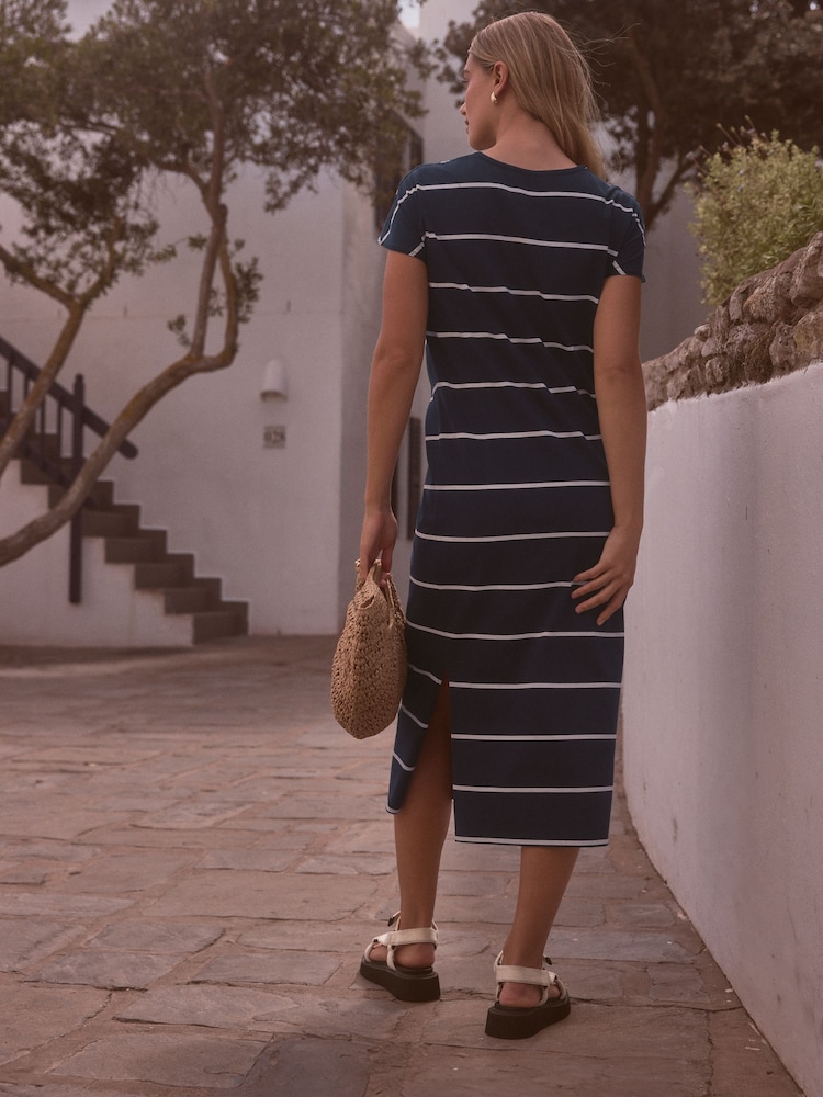 Navy Blue/White Stripe Twist Short Sleeved T-Shirt Summer Dress - Image 2 of 6