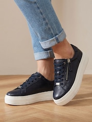 Jones Bootmaker Blue Amaliadawide Wide Fit Leather Platform Trainers - Image 1 of 6