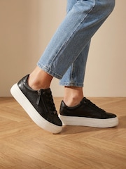 Jones Bootmaker Black Amaliadawide Wide Fit Leather Platform Trainers - Image 1 of 6
