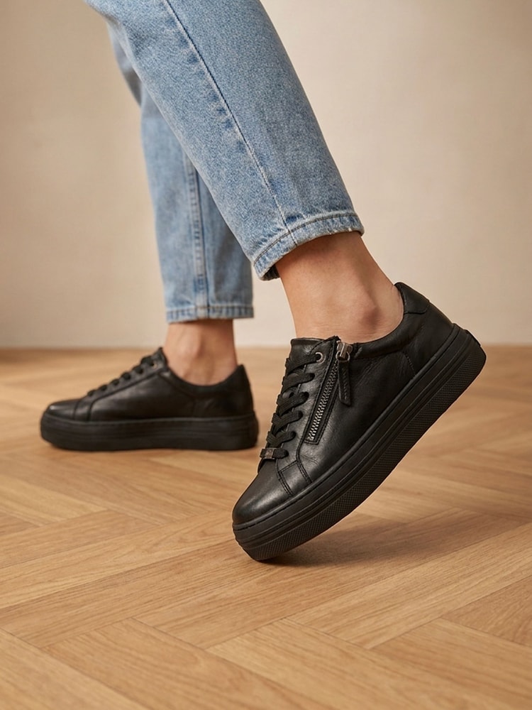 Jones Bootmaker Black Amaliadawide Wide Fit Leather Platform Trainers - Image 1 of 6 Jones Bootmaker Black Amaliadawide Wide Fit Leather Platform Trainers - Image 1 of 6