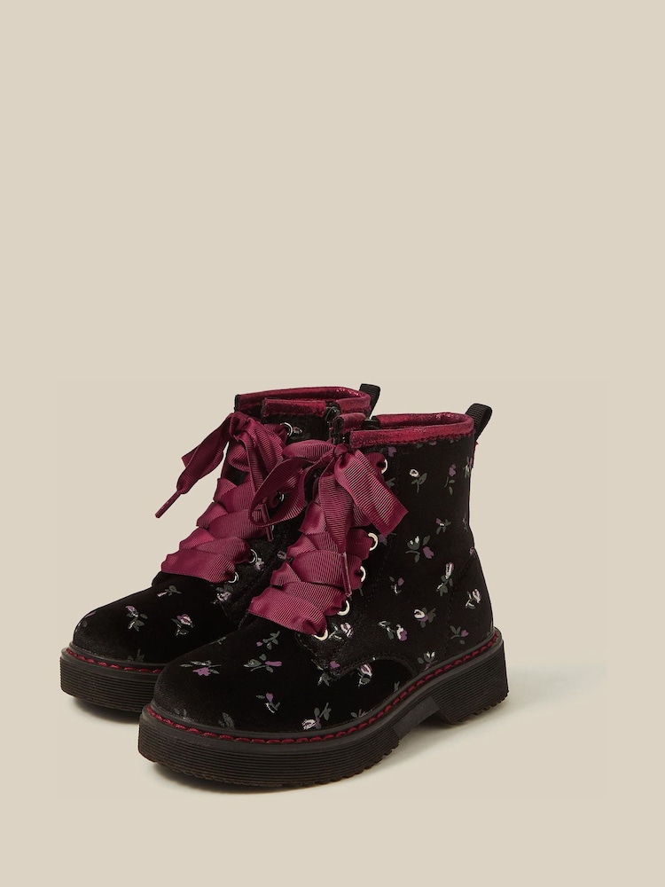 Monsoon Black Floral Velvet Lace-Up Boots - Image 1 of 2 Monsoon Black Floral Velvet Lace-Up Boots - Image 1 of 2