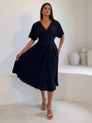 Girl In Mind Blue Laura V-Neck Short Sleeve Flowy Navy Midi Dress - Image 1 of 5